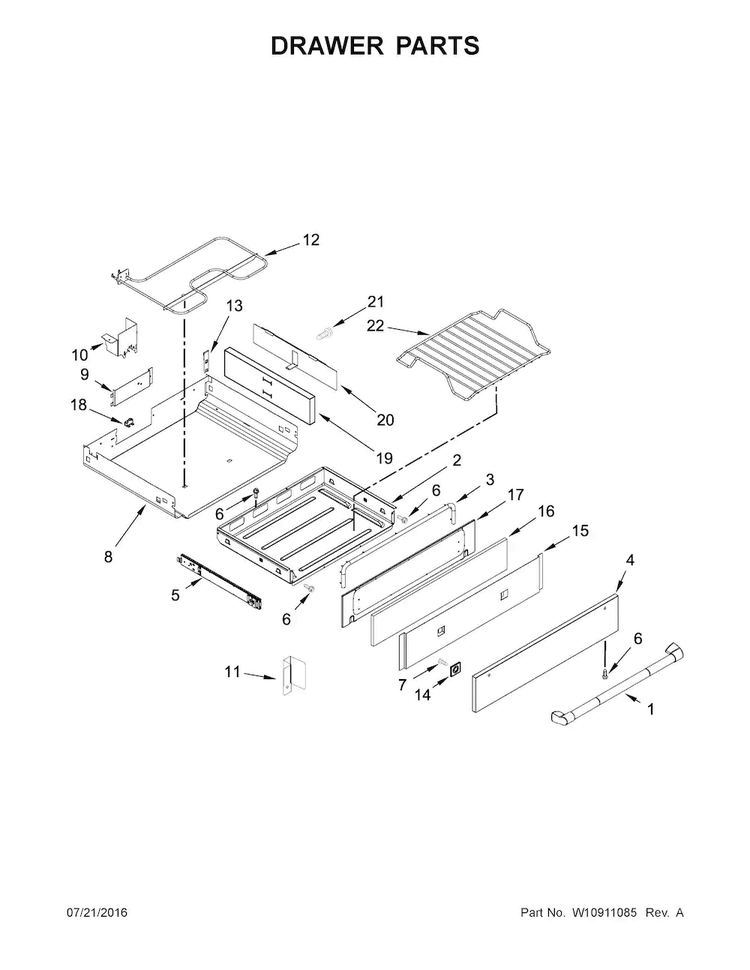 Drawer Parts Diagram and Parts List for JGS1450DP1  Jenn-Air Range