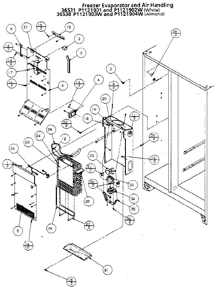 Freezer Evaporator And Air Handling Diagram and Parts List for 36531-P1121902W  Amana Refrigerator