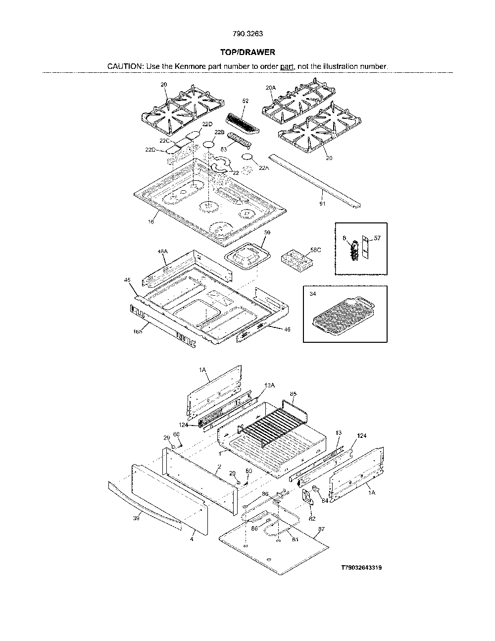 Top/Drawer Diagram and Parts List for 7903263931B  Kenmore Range