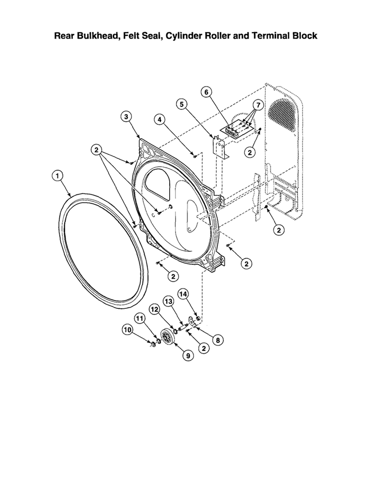 Rear Bulkhead/felt Seal Diagram and Parts List for AGS20AWF  Speed Queen Dryer
