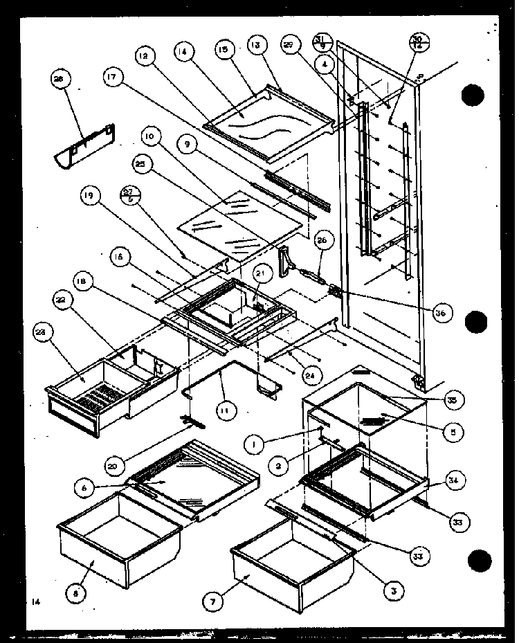 Refrigerator Shelving And Drawers Diagram and Parts List for SX22J-P1116004W  Amana Refrigerator