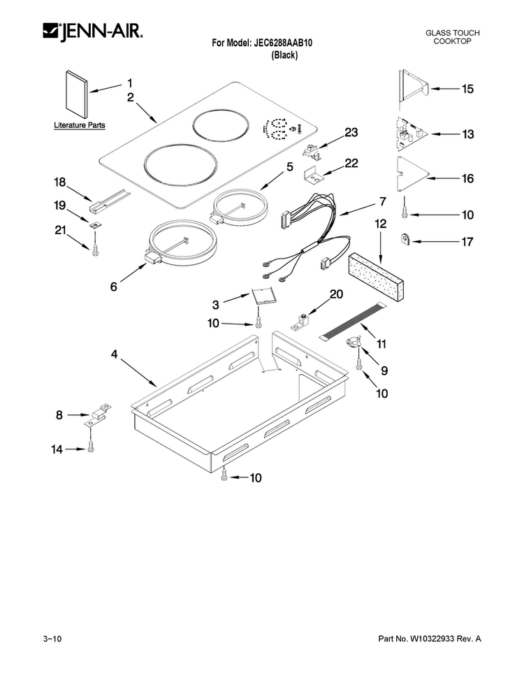 Glass Cartridge Diagram and Parts List for JEC6288AAB10  Jenn-Air Cooktop