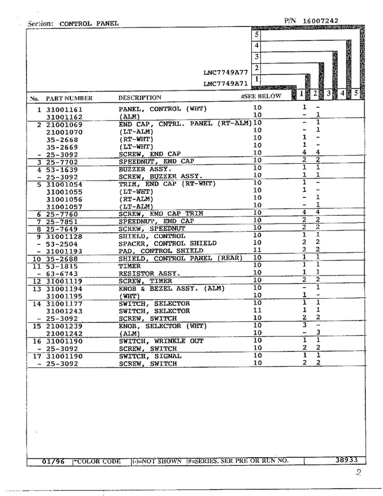 Control Panel Page 2 Diagram and Parts List for LNC7749A77  Maytag Dryer