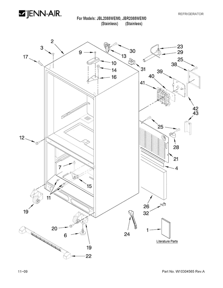 Cabinet Parts Diagram and Parts List for JBR2088WEM0  Jenn-Air Refrigerator