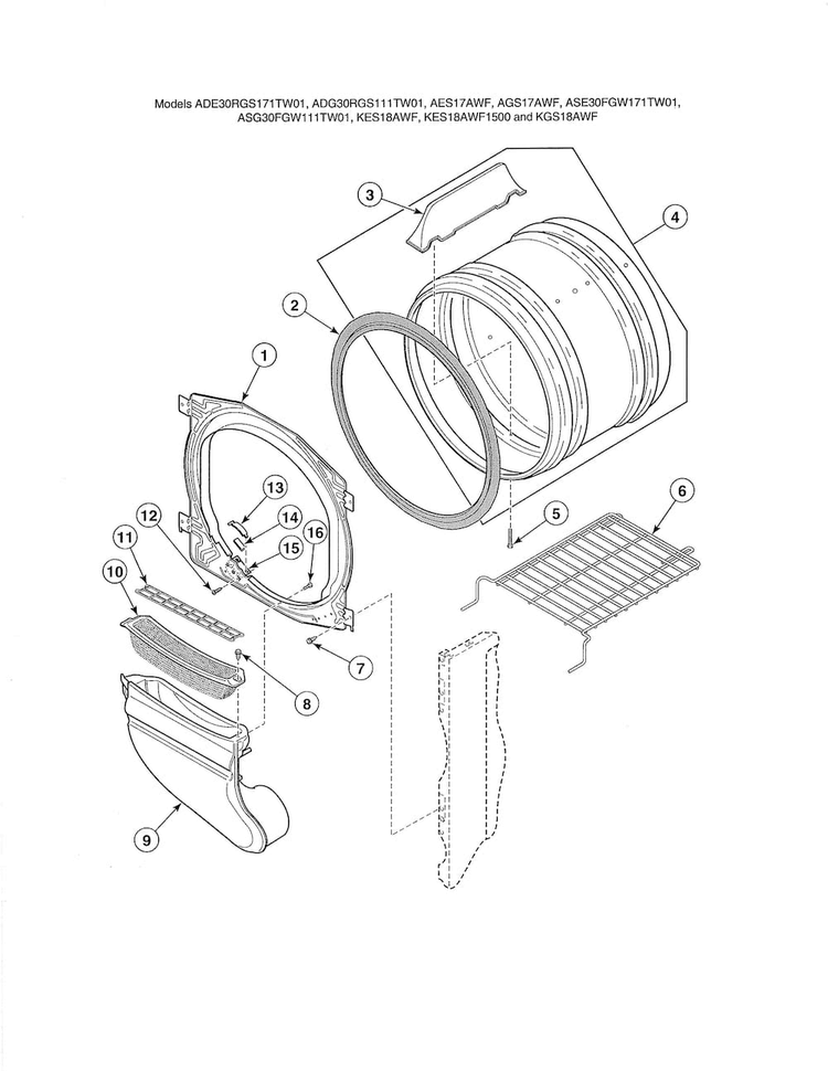 Front Bulkhead/air Duct/felt Seal Diagram and Parts List for ADE30RGS171TW01  Speed Queen Dryer