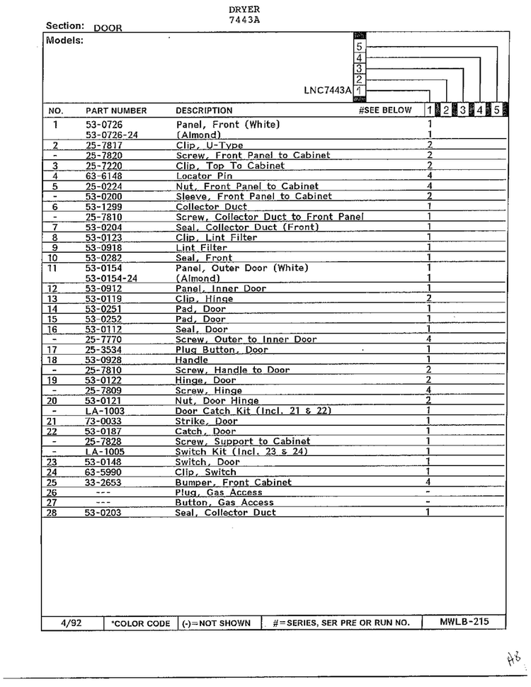 Door Page 2 Diagram and Parts List for 7443A  Norge Dryer