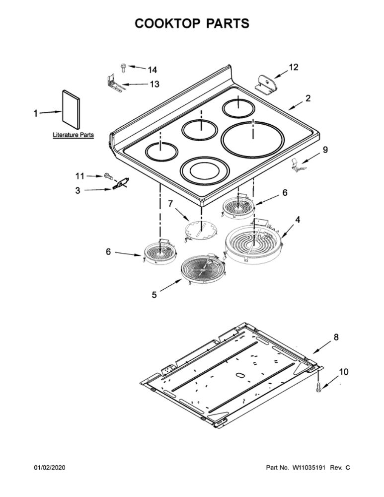 Cooktop Parts Diagram and Parts List for YMER8800FW0  Maytag Range