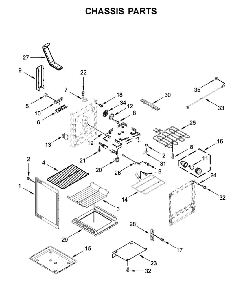 Chassis Parts Diagram and Parts List for YMER8800FW0  Maytag Range