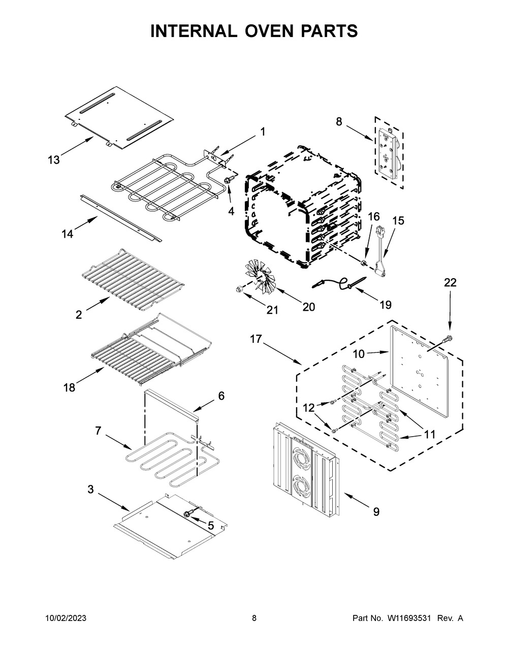 Internal Oven Parts Diagram and Parts List for JJW3430LL01  Jenn-Air Wall Oven