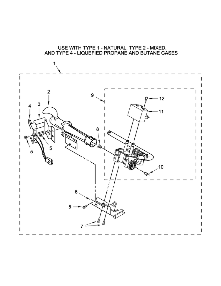 Burner Assembly Parts Diagram and Parts List for NGD4700YQ3  Amana Dryer