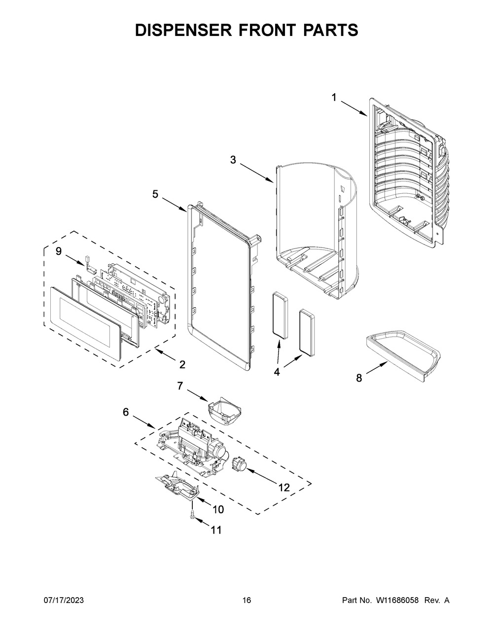 Dispenser Front Parts Diagram and Parts List for MFT2772HEZ04  Maytag Refrigerator