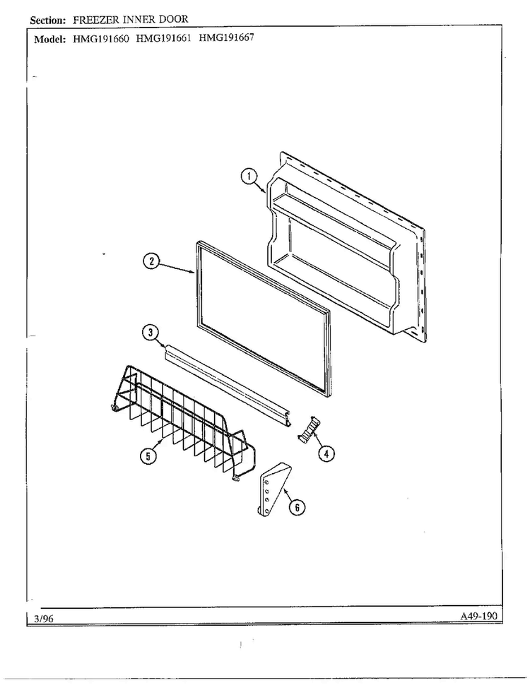 Freezer Inner Door Diagram and Parts List for HMG191660  Admiral Refrigerator