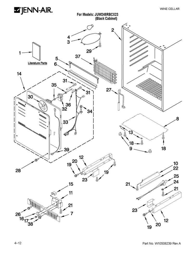 Cabinet Parts Diagram and Parts List for JUW248RBCX23  Jenn-Air Wine and Beverage Cooler