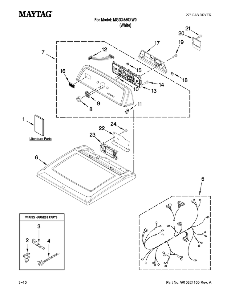 Top And Console Parts Diagram and Parts List for MGDX550XW0  Maytag Dryer