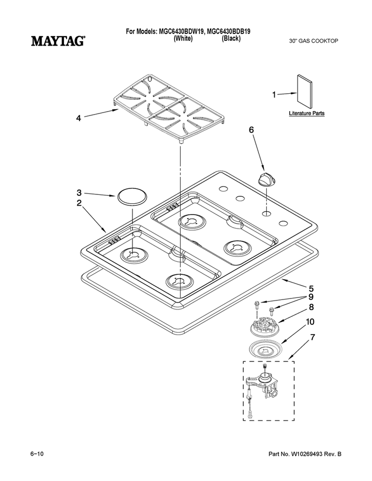 Cooktop, Burner And Grate Parts Diagram and Parts List for MGC6430BDW19  Maytag Cooktop
