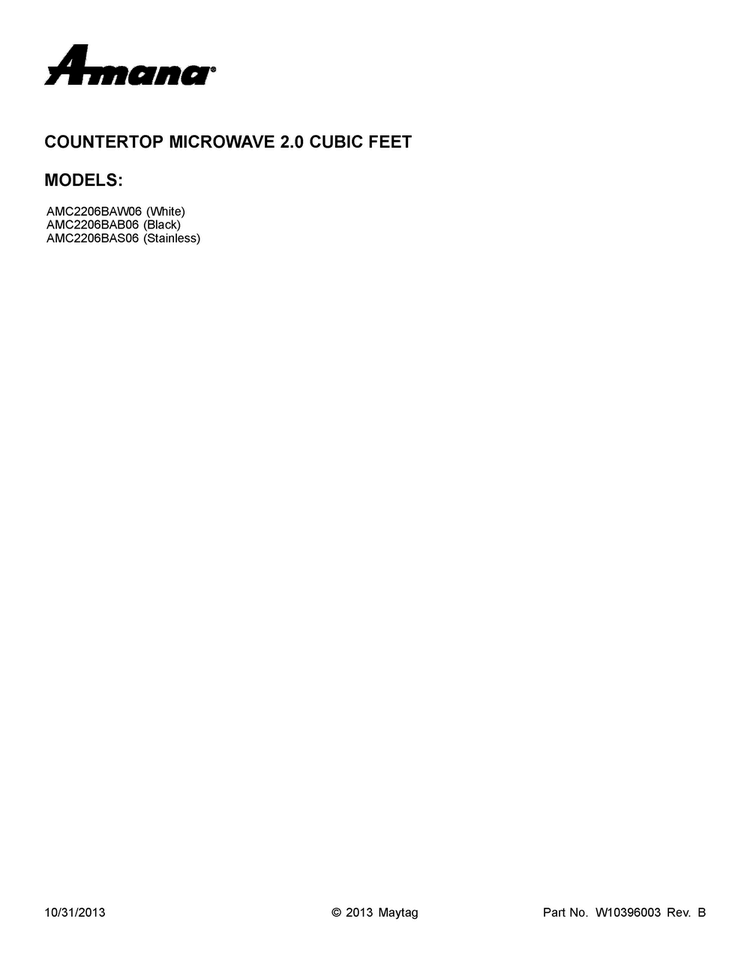 Cover Sheet Diagram and Parts List for AMC2206BAS06  Amana Microwave