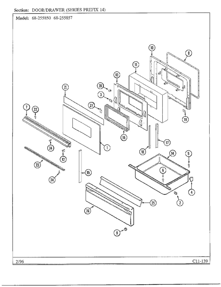 Door/drawer Diagram and Parts List for 68-255857  Magic Chef Range