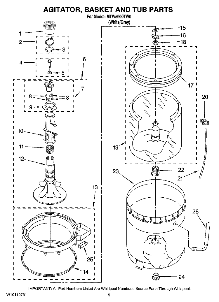 AGITATOR, BASKET AND TUB PARTS Diagram and Parts List for MTW5900TW0  Maytag Washer