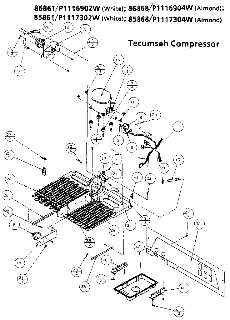 Unit Parts- Tecumseh Compressor Diagram and Parts List for 85861-P1117302W  Amana Refrigerator