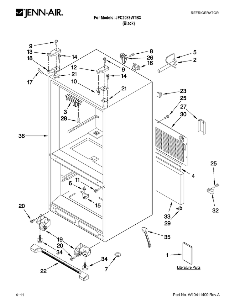 Cabinet Parts Diagram and Parts List for JFC2089WTB3  Jenn-Air Refrigerator