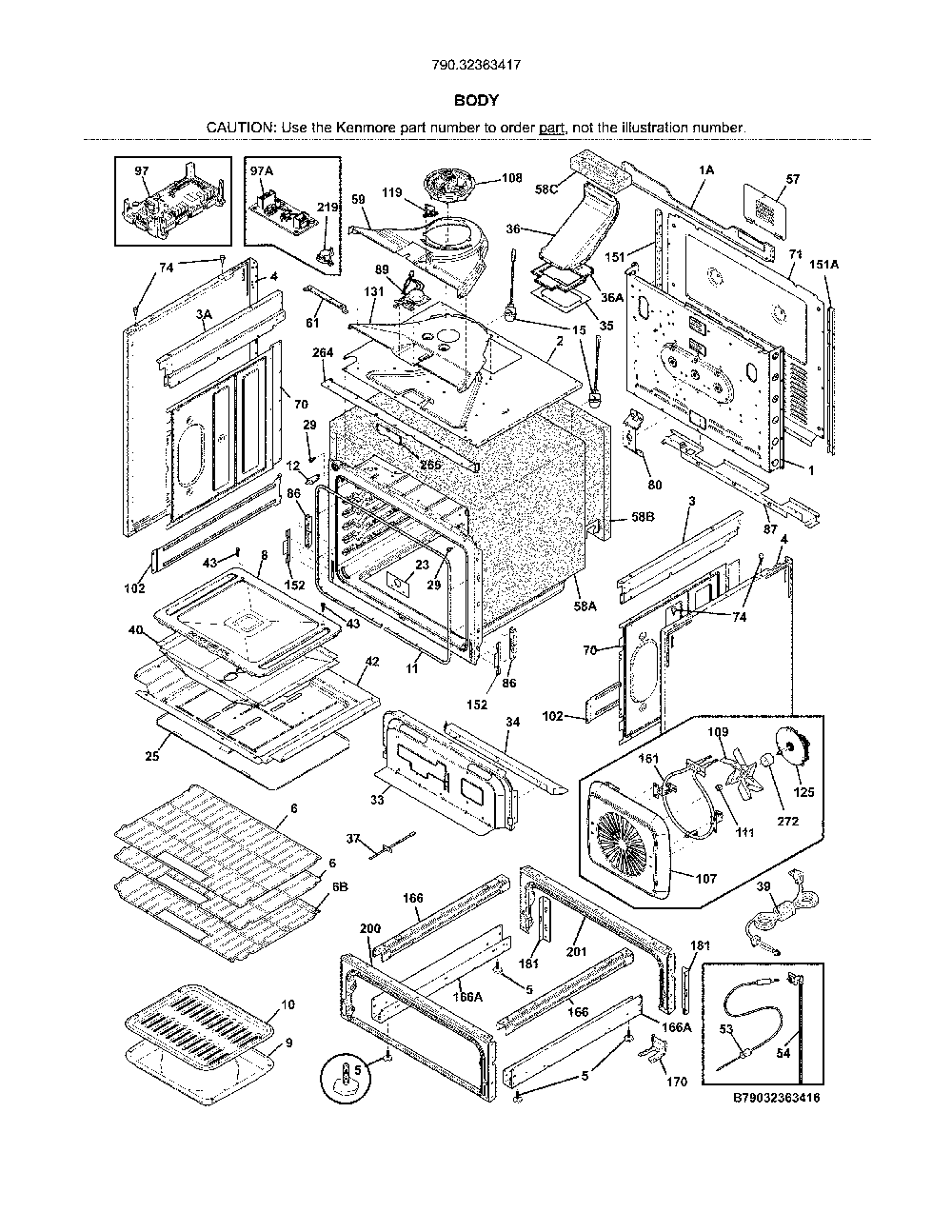 Body Diagram and Parts List for 79032363417  Kenmore Range