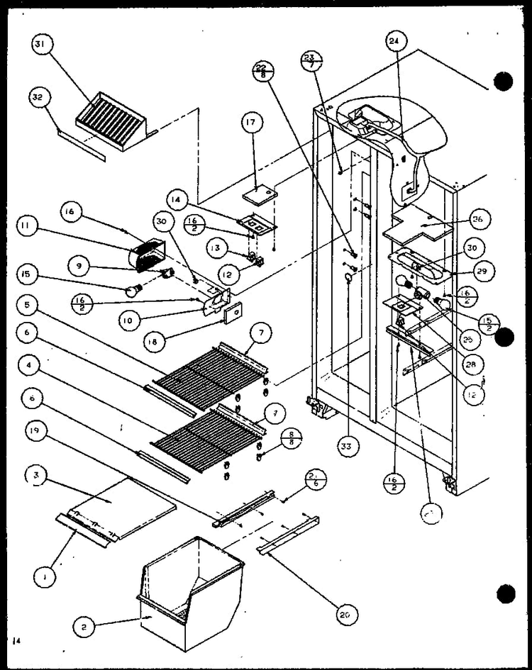 Freezer Shelving And Refrigerator Light Diagram and Parts List for BHK2-P1100602W  Amana Refrigerator