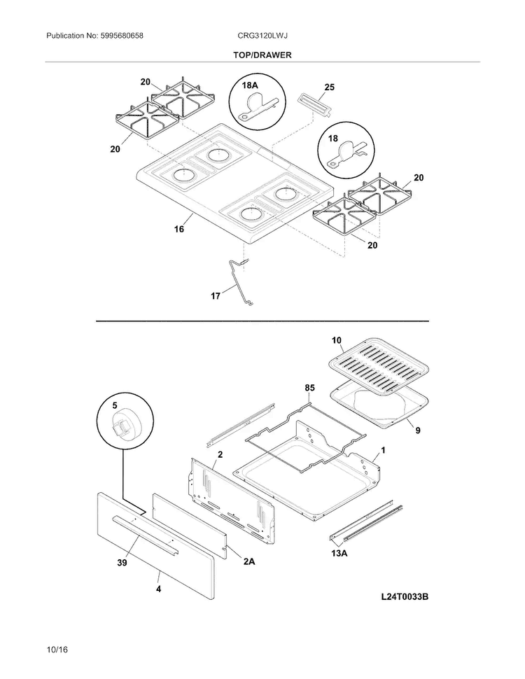 Top/drawer Diagram and Parts List for CRG3120LWJ  Crosley Range