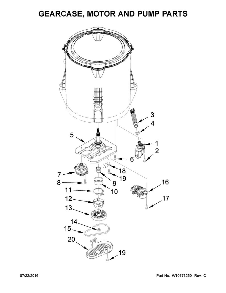 Gearcase, Motor And Pump Parts Diagram and Parts List for NTW4635EW0  Amana Washer