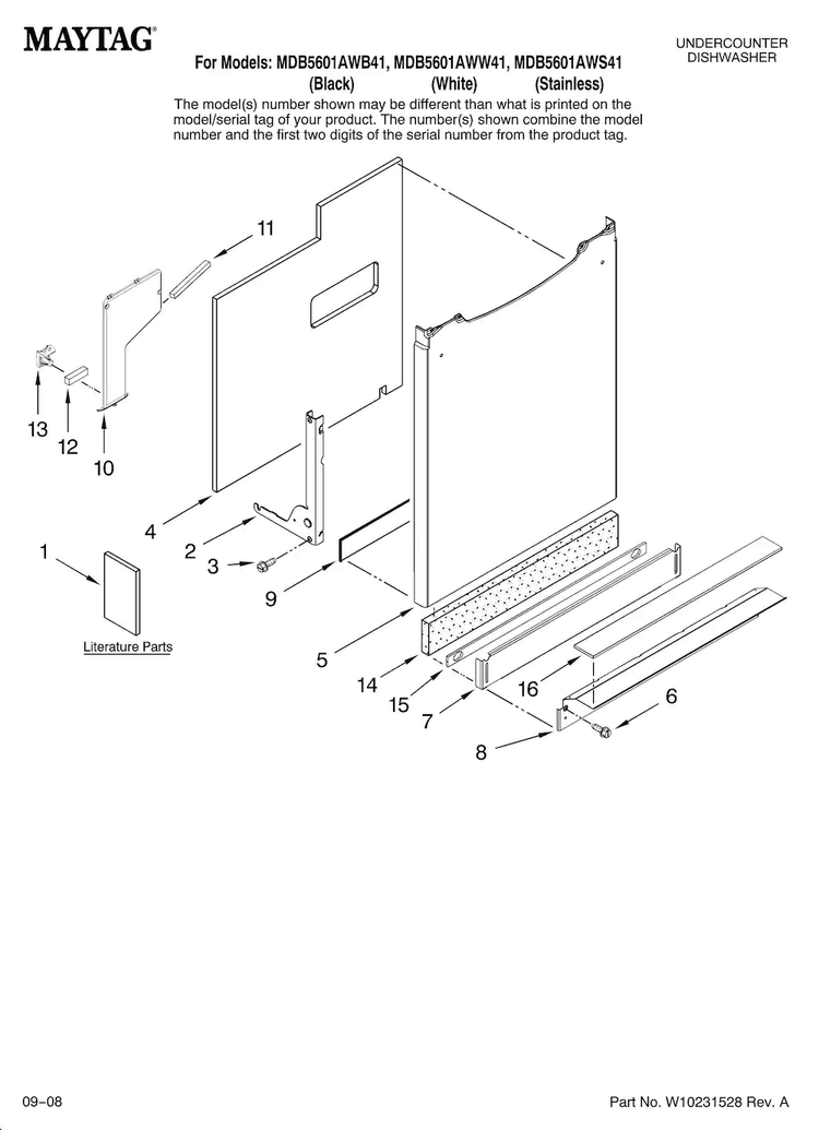Door And Panel Parts Diagram and Parts List for MDB5601AWS41  Maytag Dishwasher