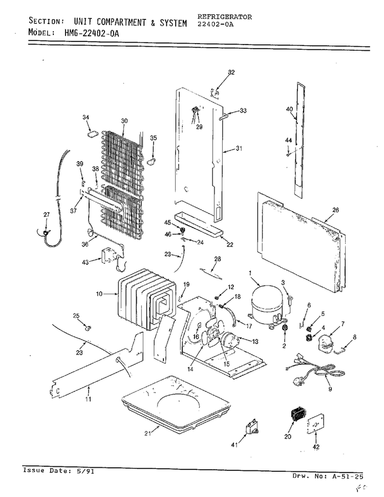 Unit Compartment And System Diagram and Parts List for 22402-0A  Admiral Refrigerator
