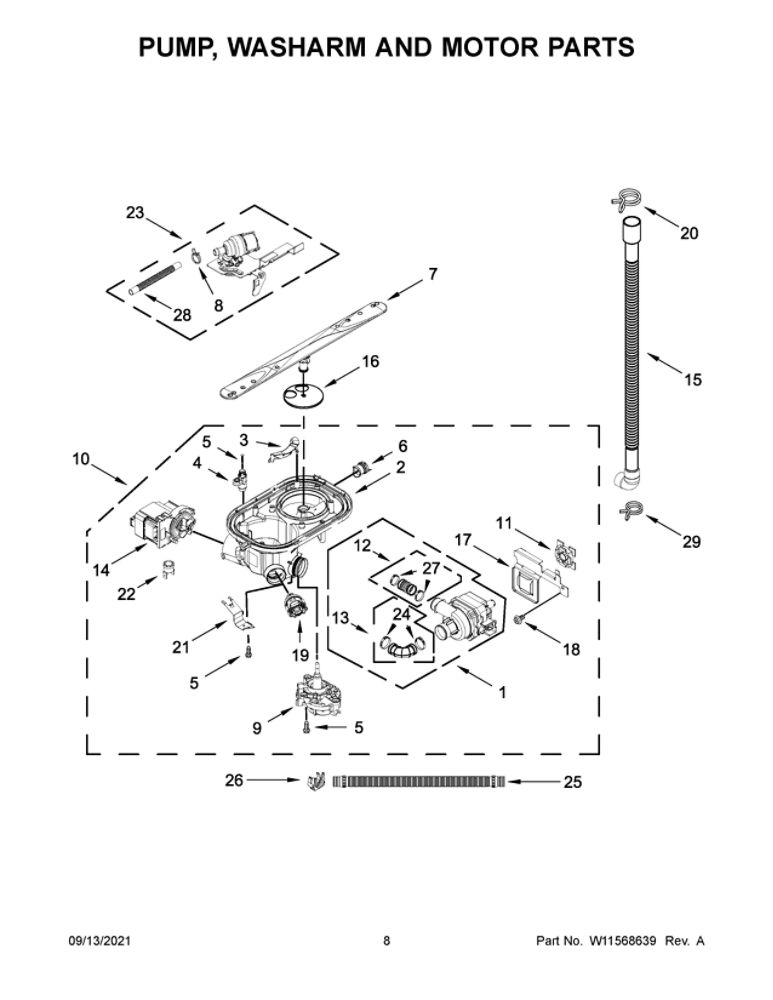 Pump, Washarm And Motor Parts Diagram and Parts List for JDPSS246LM0  Maytag Dishwasher