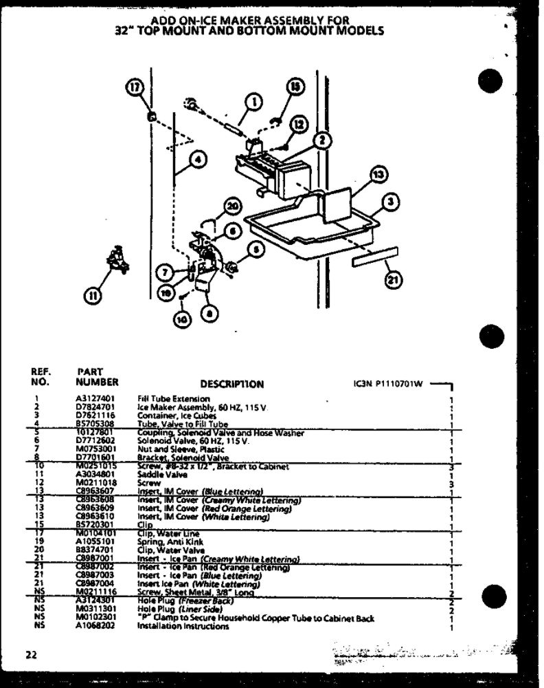 Add On-Icemaker Diagram and Parts List for IC3N-P1110701W-TM  Amana Refrigerator