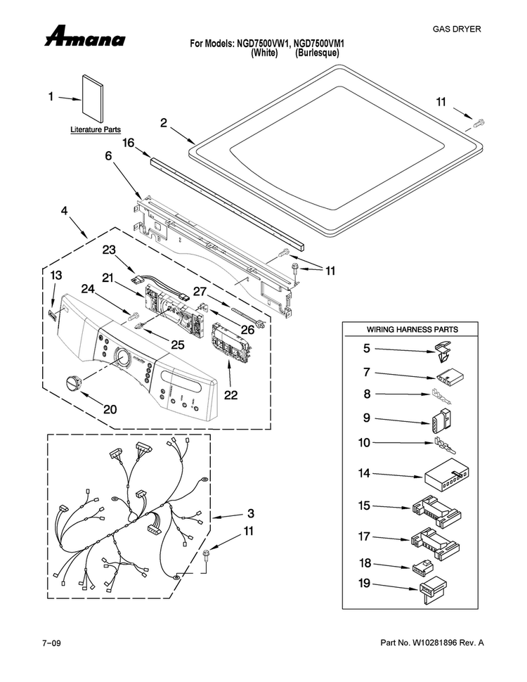 Top And Console Parts Diagram and Parts List for NGD7500VM1  Amana Dryer