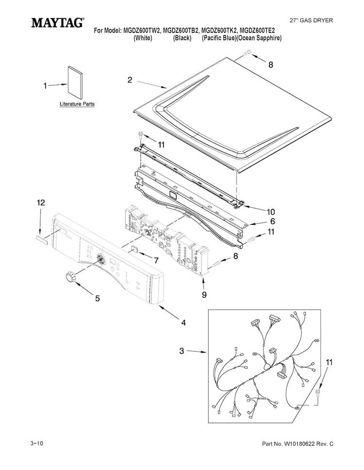 Top And Console Parts Diagram and Parts List for MGDZ600TE2  Maytag Dryer