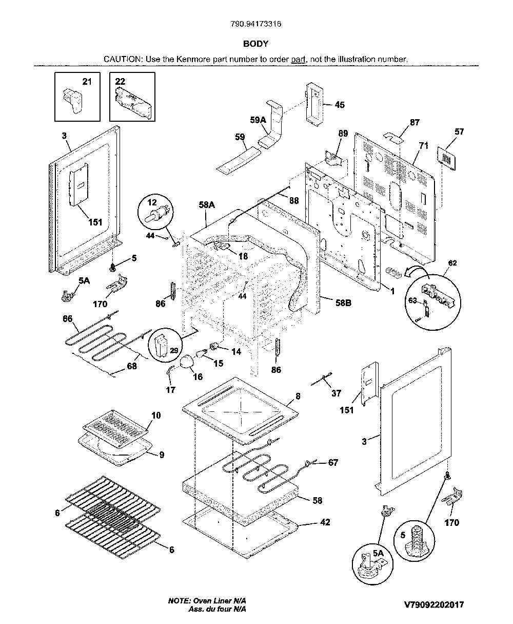 Body Diagram and Parts List for 79094173316  Kenmore Range