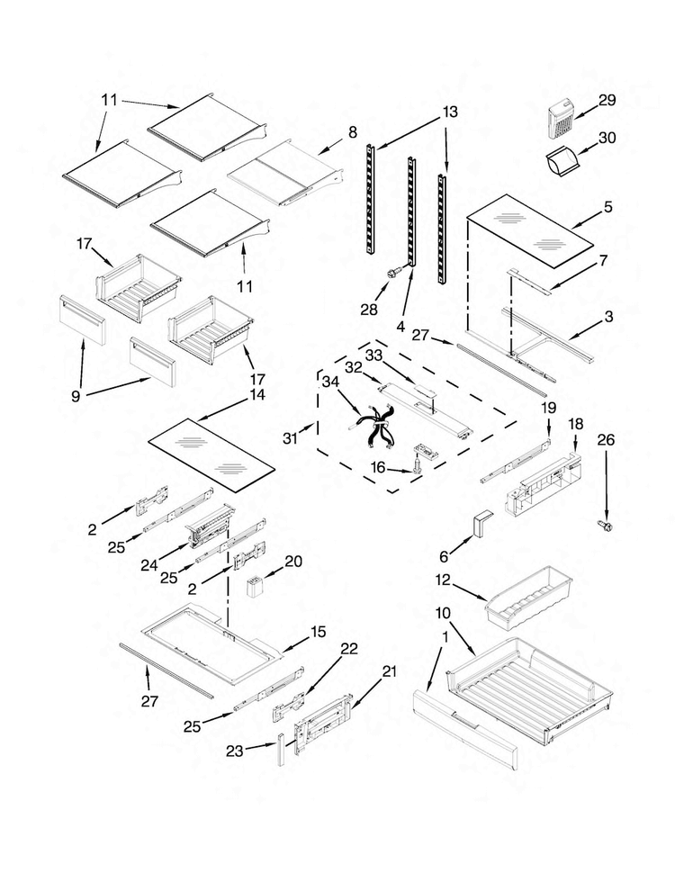 Shelf Parts Diagram and Parts List for MFT2776DEE00  Maytag Refrigerator