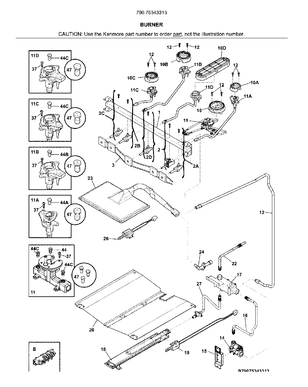 Burner Diagram and Parts List for 79075343313  Kenmore Range