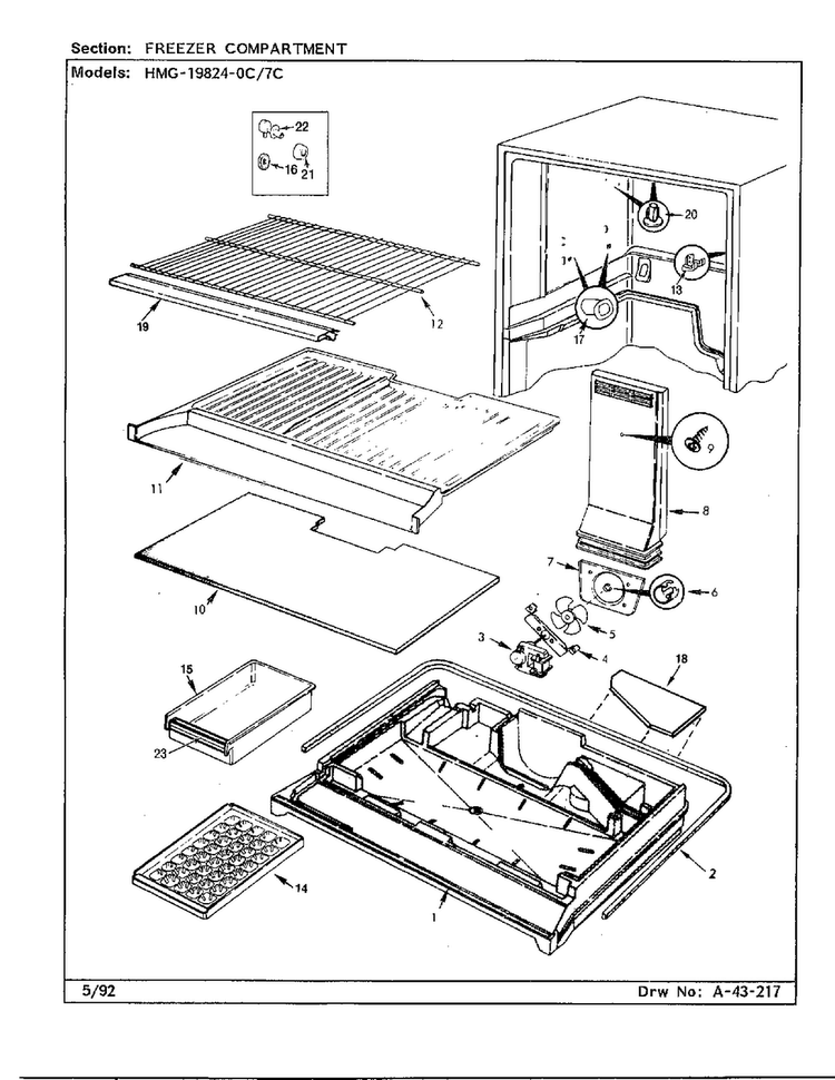 Freezer Compartment Diagram and Parts List for 19824-0C  Admiral Refrigerator