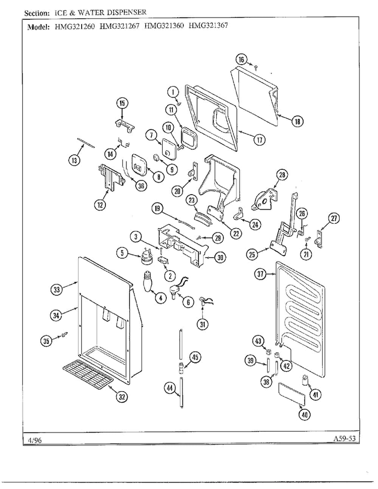 Ice And Water Dispenser Diagram and Parts List for HMG321267  Admiral Refrigerator