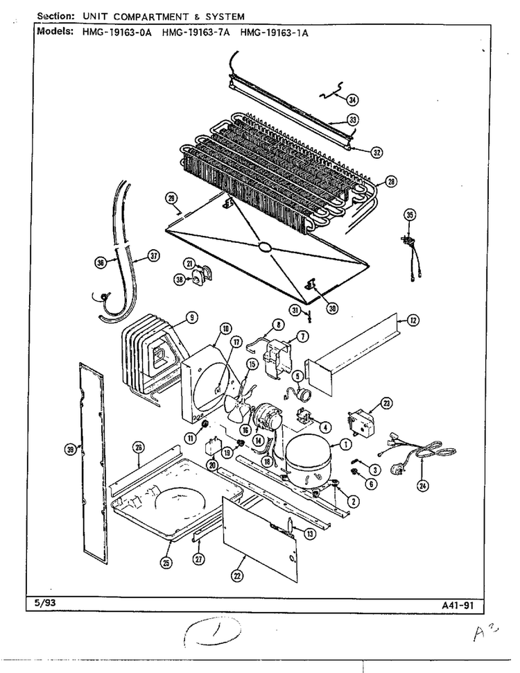 Unit Compartment And System Diagram and Parts List for 19163-0A  Admiral Refrigerator