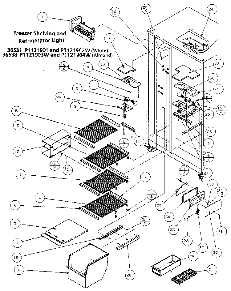 Freezer Shelving And Refrigerator Light Diagram and Parts List for 36531-P1121902W  Amana Refrigerator