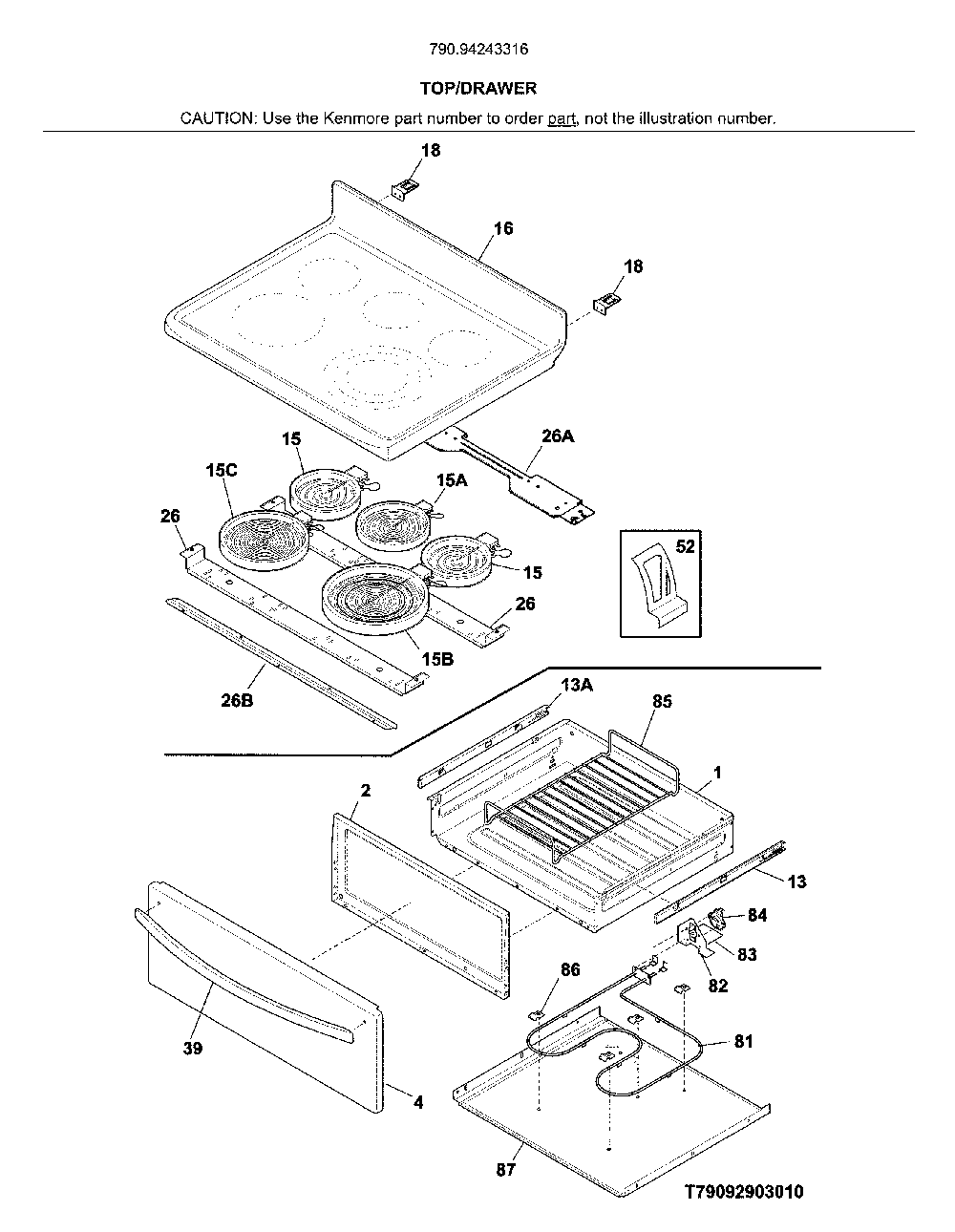 Top/Drawer Diagram and Parts List for 79094243316  Kenmore Range