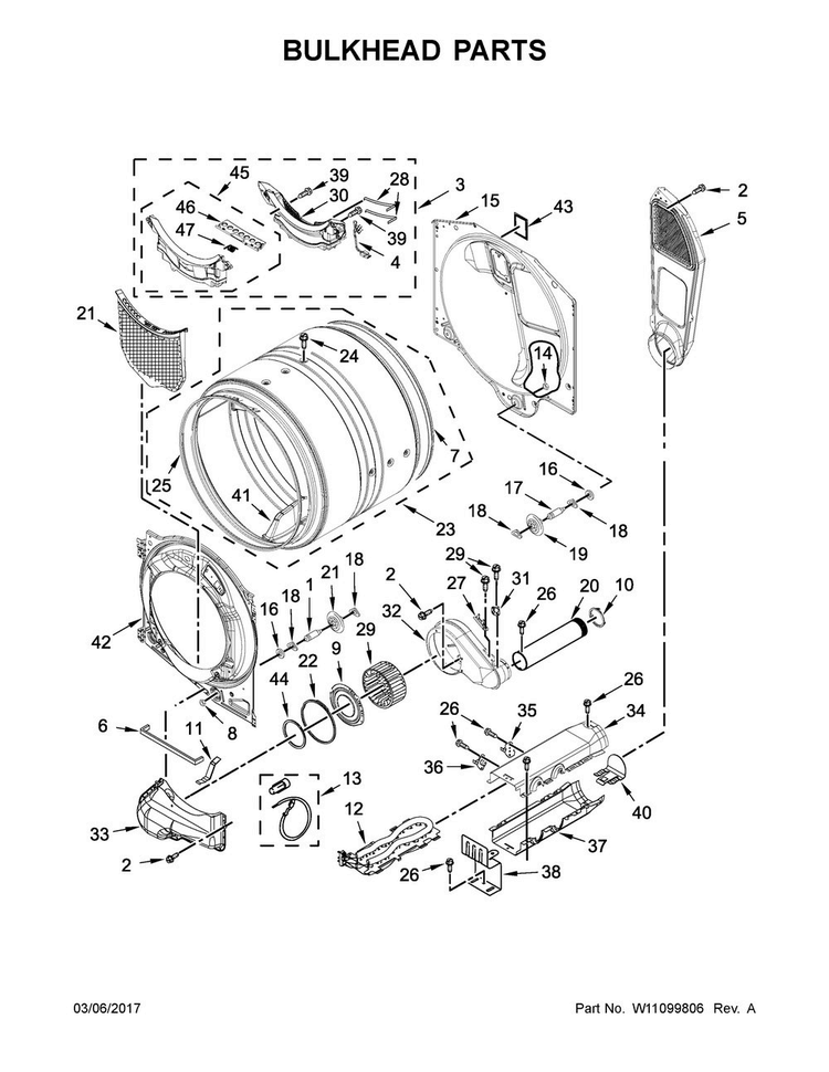 Bulkhead Parts Diagram and Parts List for CED7464GW0  Crosley Dryer