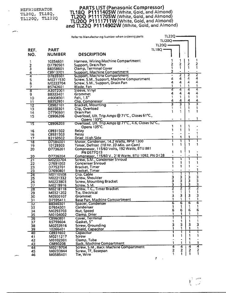 Panasonic Compressor Page 2 Diagram and Parts List for TL120Q  Amana Refrigerator