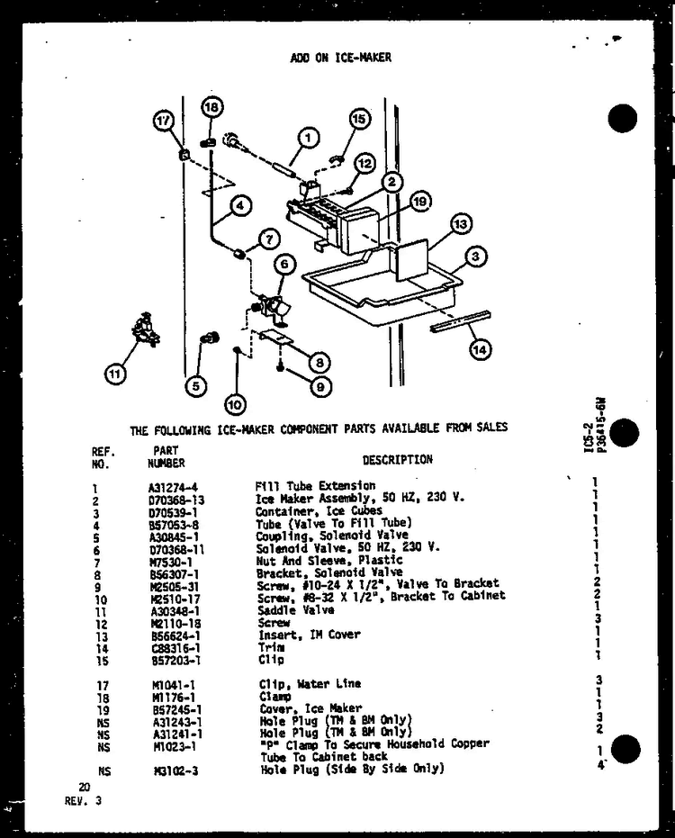 Add On Ice-maker Diagram and Parts List for TM-516E-P74645-15W  Amana Refrigerator