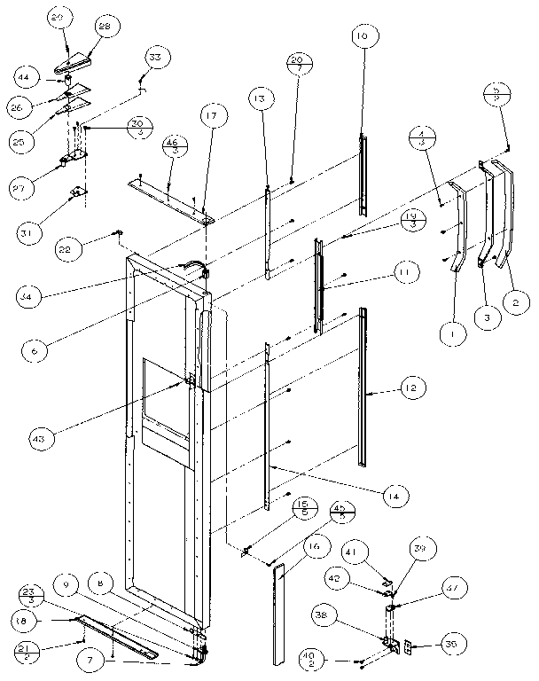 Freezer Door, Hinge, And Trim Parts Diagram and Parts List for 35541-P1121709W  Amana Refrigerator