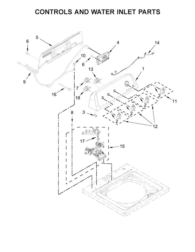 Controls And Water Inlet Parts Diagram and Parts List for 4KNTW4705FW0  Amana Washer