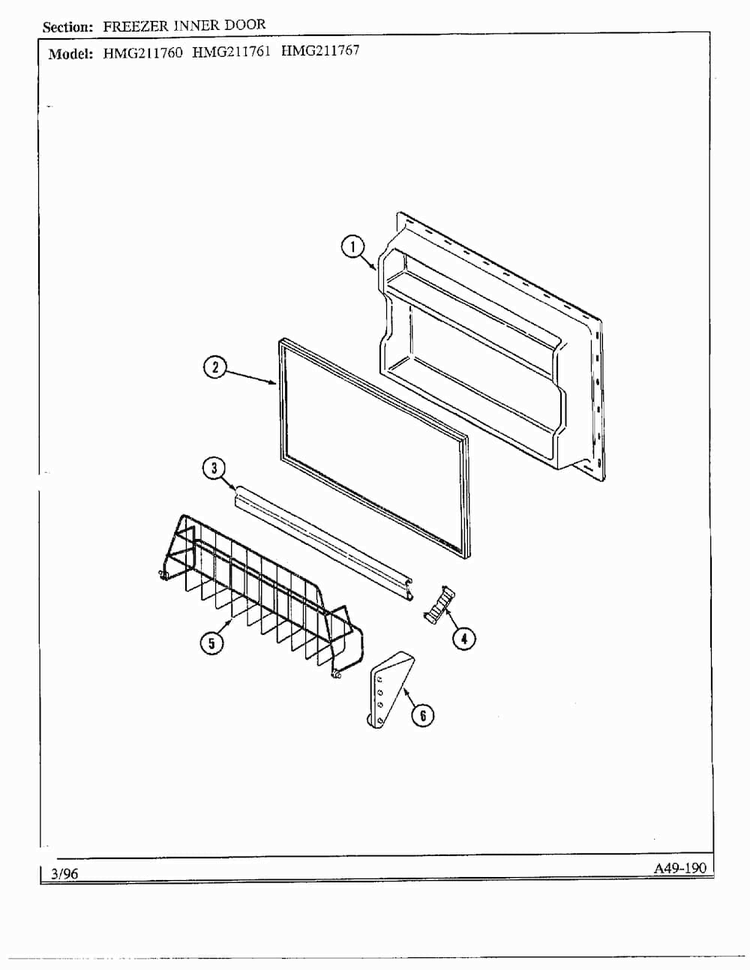 Freezer Inner Door Diagram and Parts List for HMG211760  Admiral Refrigerator