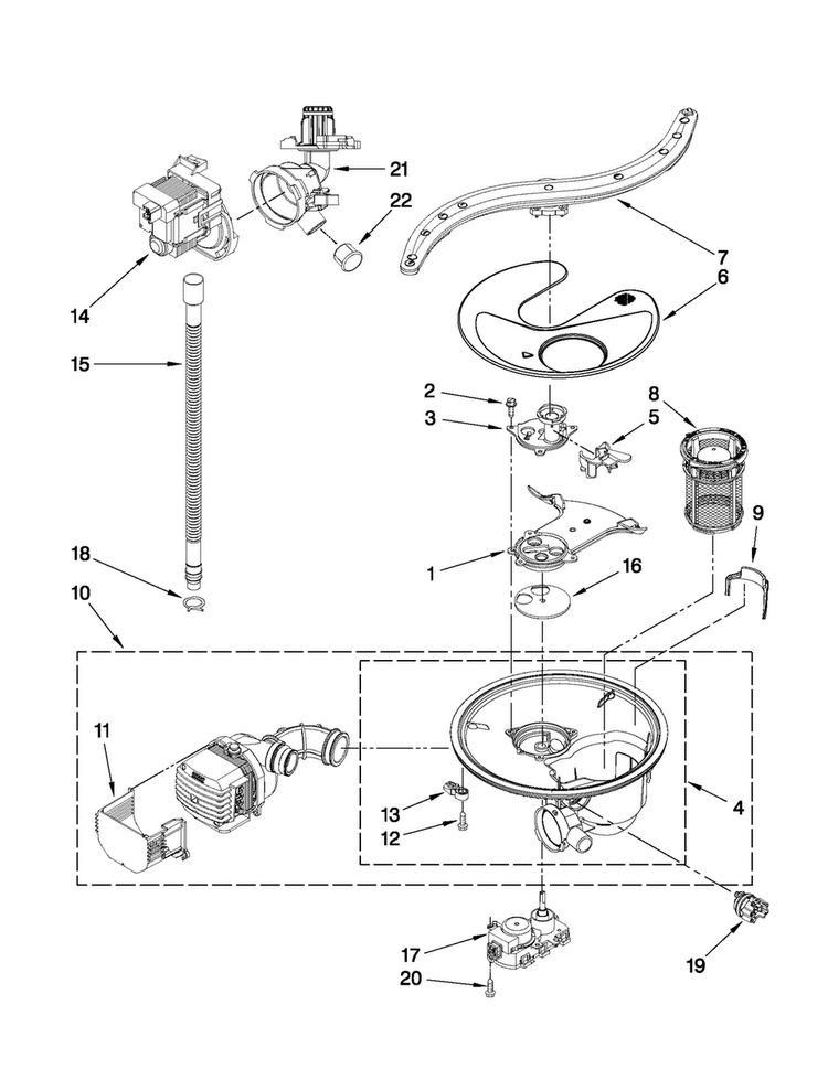 Pump, Washarm And Motor Parts Diagram and Parts List for JDB3600AWS3  Jenn-Air Dishwasher