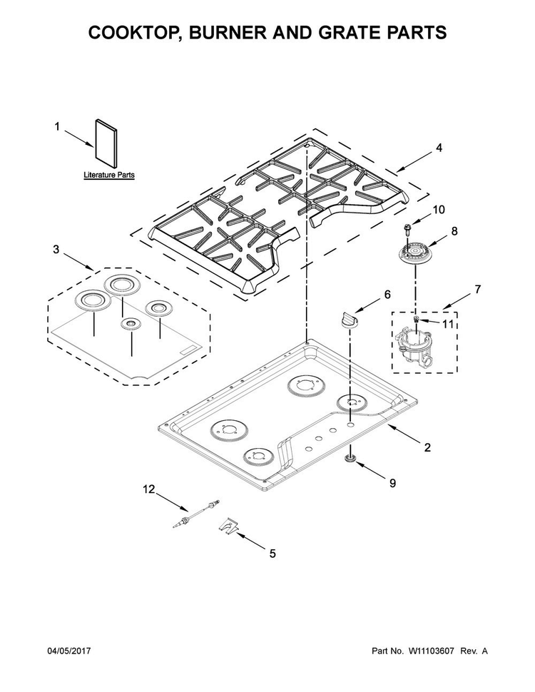 Cooktop, Burner And Grate Parts Diagram and Parts List for MGC7430DB00  Maytag Cooktop